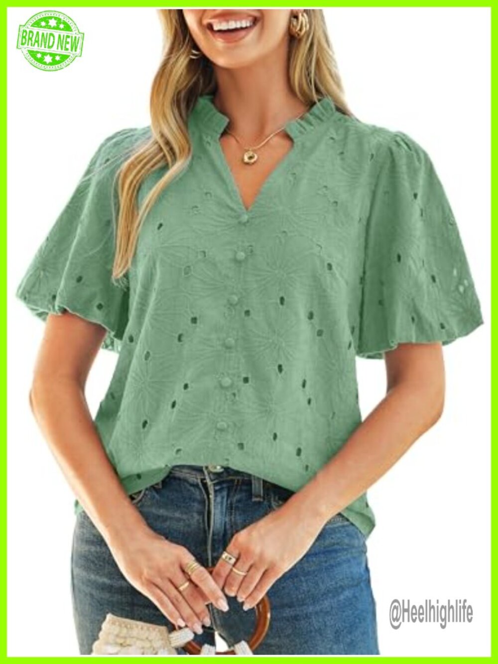 Women's Embroidered Lace Blouse V Neck Puff Sleeve Eyelet Top